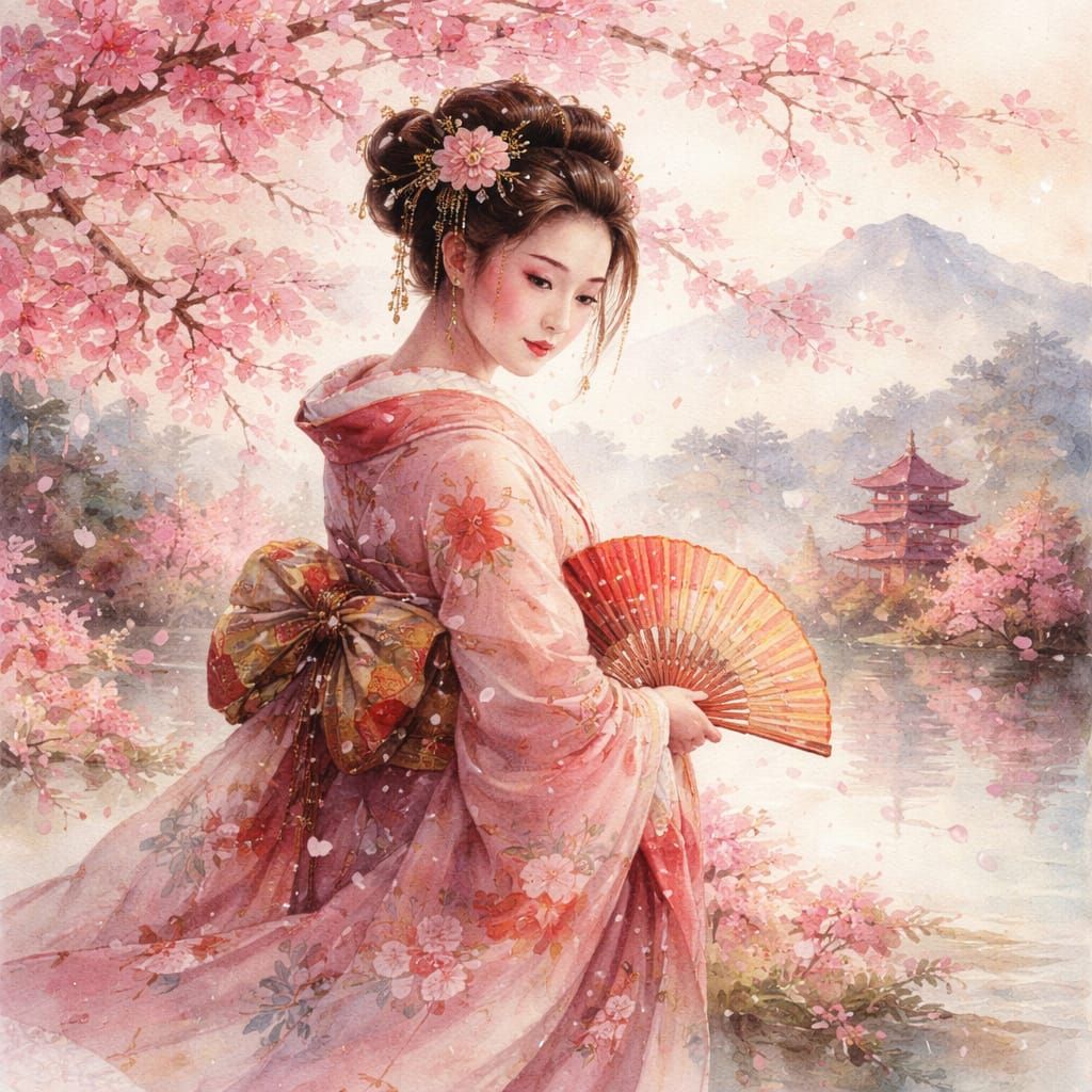 Japanese Geisha Amidst Sakura Blossoms in Wet on Wet Paintin...