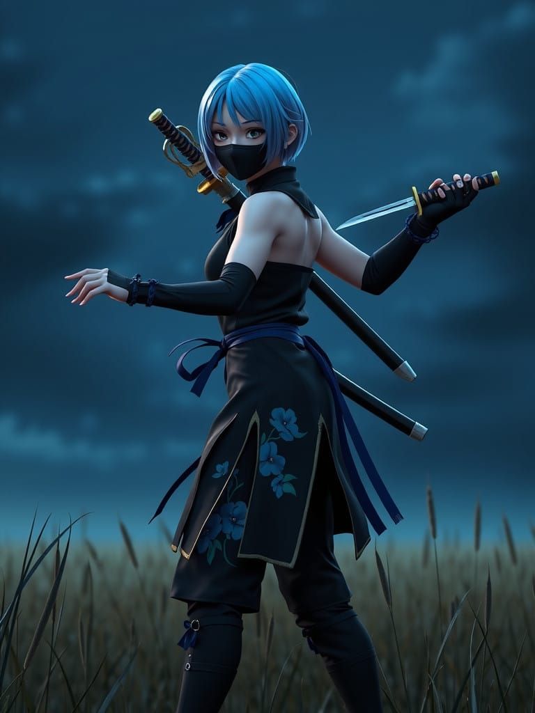 Mysterious Blue Haired Ninja in Moonlit Prairie