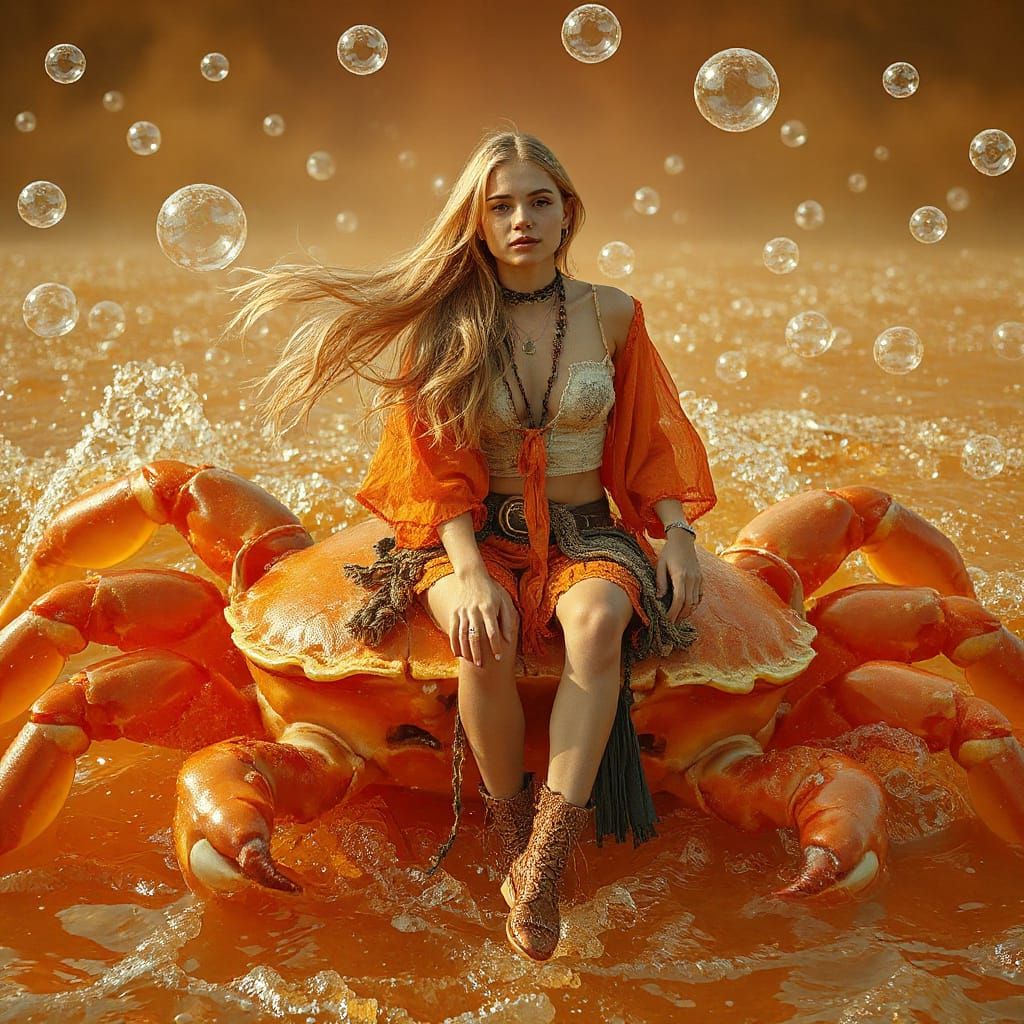 Woman on Gummy Crab in Effervescent Soda Sea