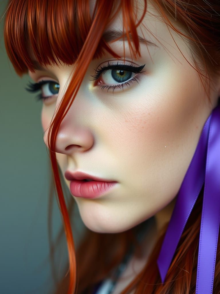 Close-Up Portrait of Woman with Purple Ribbon in Red Hair