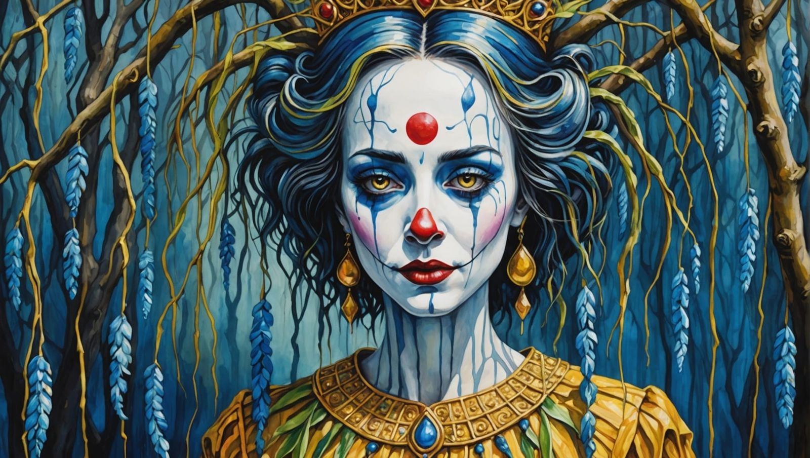 Blue Weeping Willow with Golden Clown Girl