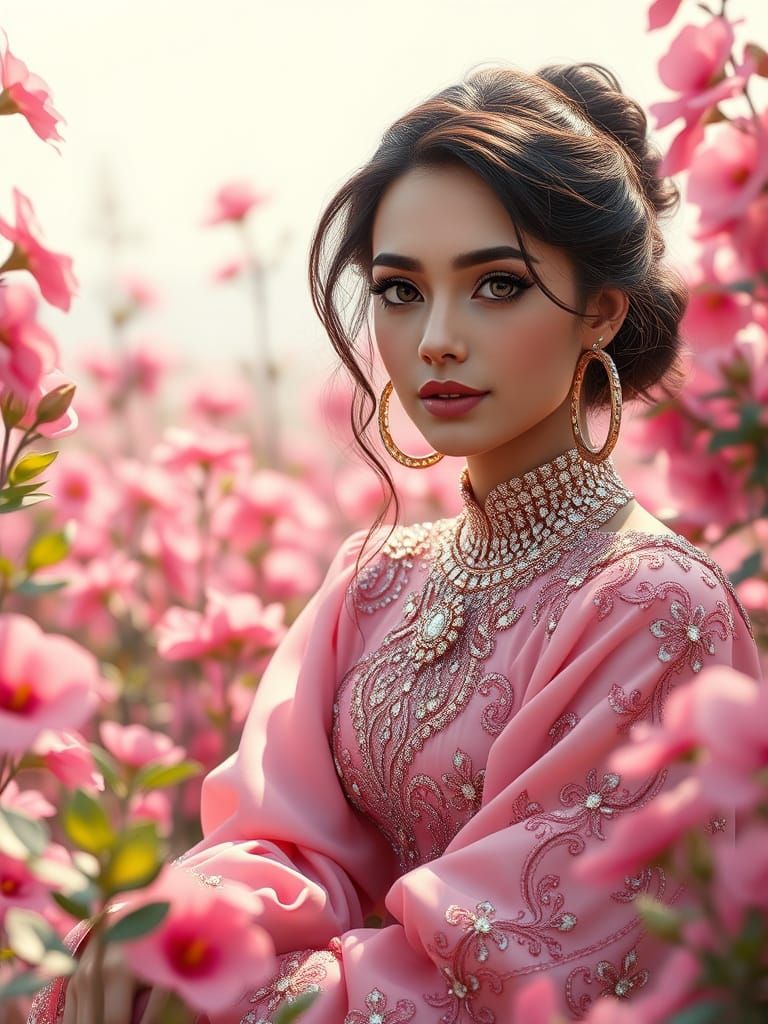 Iranian Girl in Pink Garden: Anime-Inspired Oil Painting