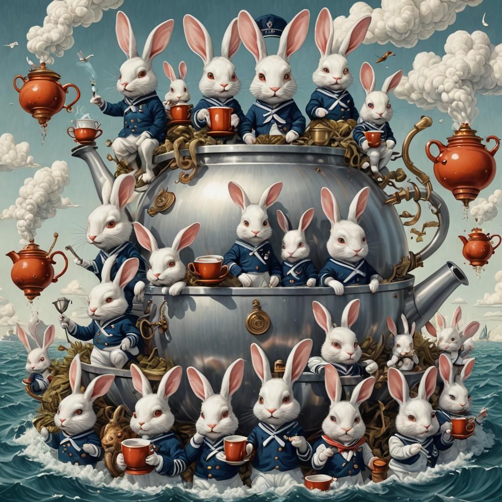 Anthropomorphic Rabbits on a Kettle in Surreal Illustration