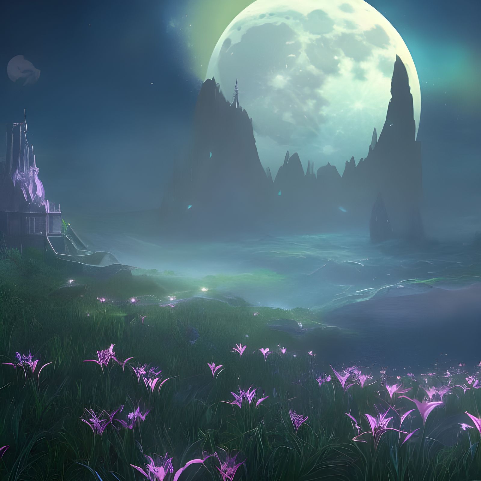 Lunar Lilies Reflecting Starlight: A Matte Painting