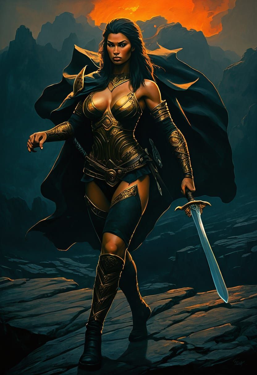 Fierce Warrior Woman in Epic Fantasy Landscape, Frazetta Sty...