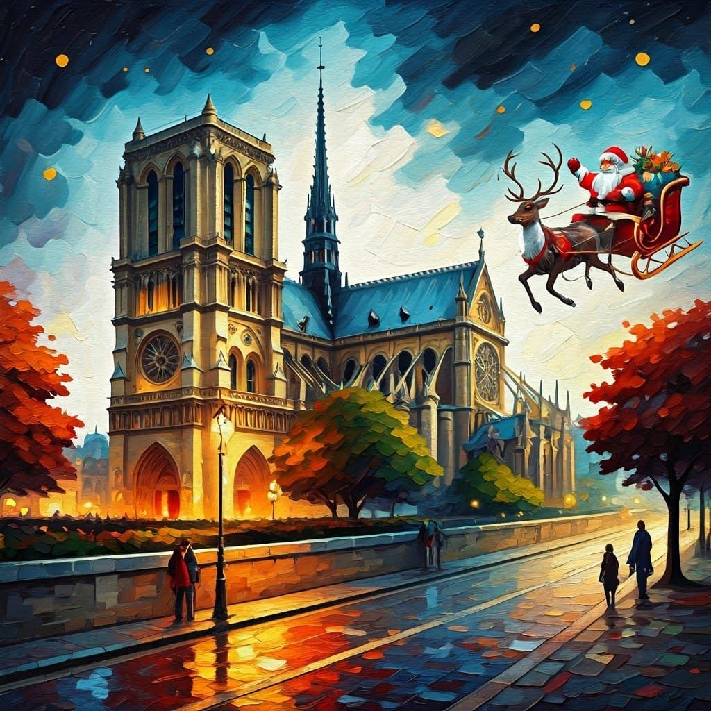 Santa Claus flying in sleigh, pulled with reindeer, over the church Notre Dame of Paris