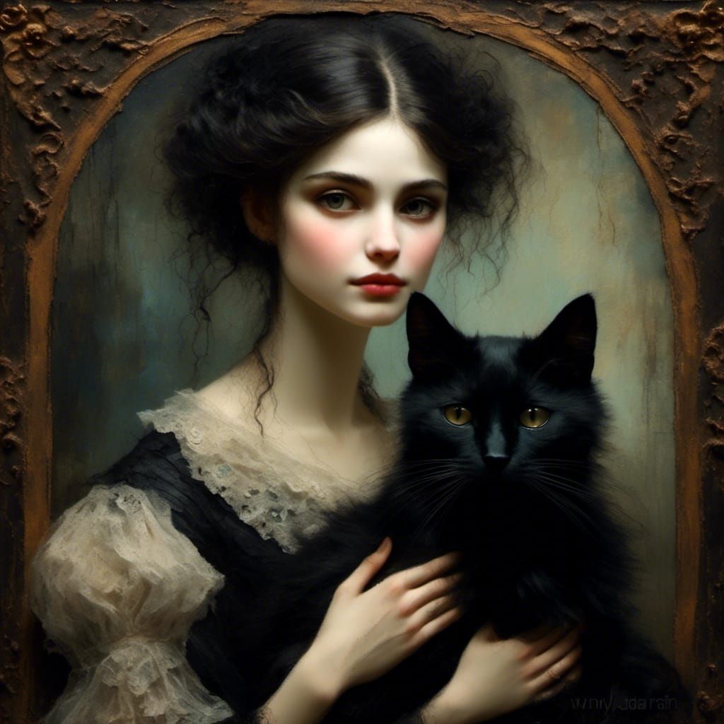 Gothic Woman with Black Cat Oil Painting