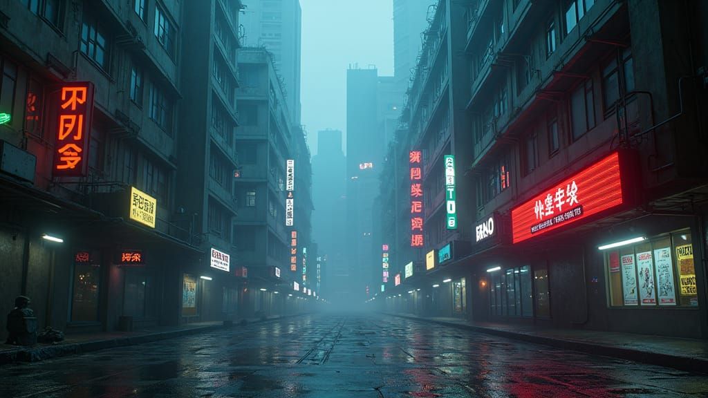 Cyberpunk Cityscape with Neon Lights and Shadows