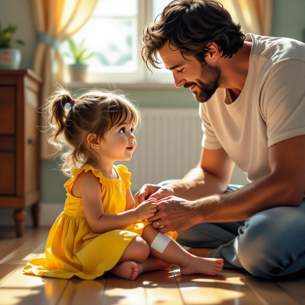 Girl Getting a Bandaid, Hyperrealistic Storybook Style