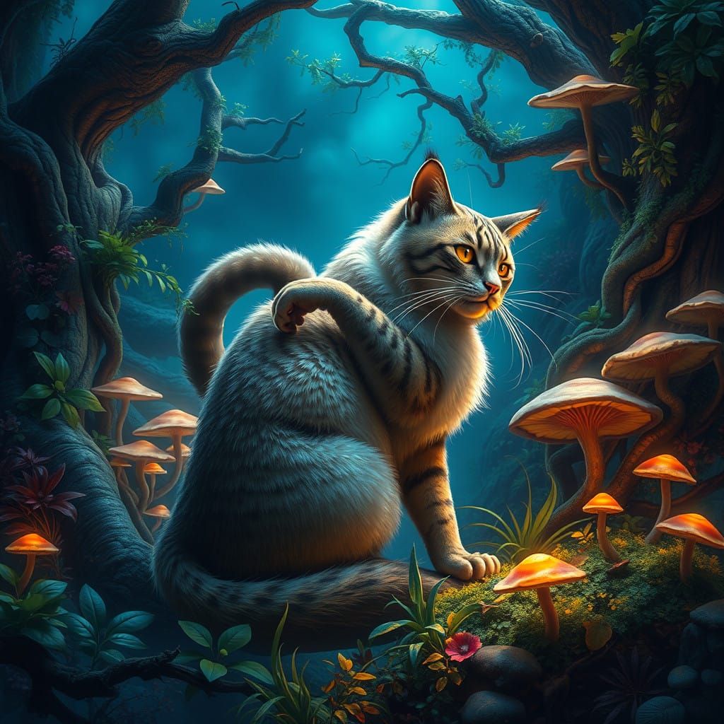 Majestic Cat in Ancient Forest: Exploring Mystical Landscape...