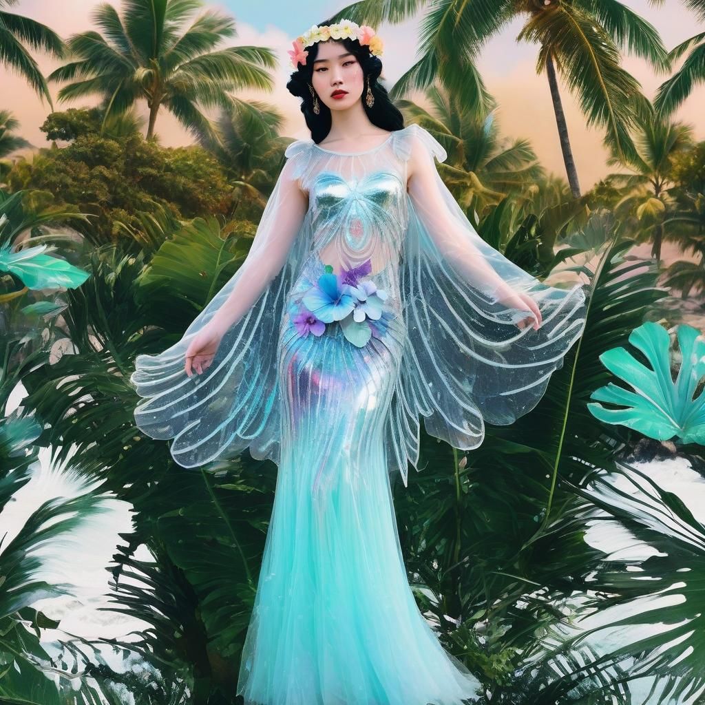 Hawaiian Vaporwave Angel in Art Deco Gown