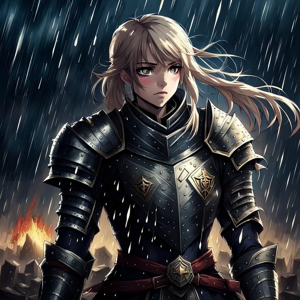 Knight in the Rain on Dark Battlefield