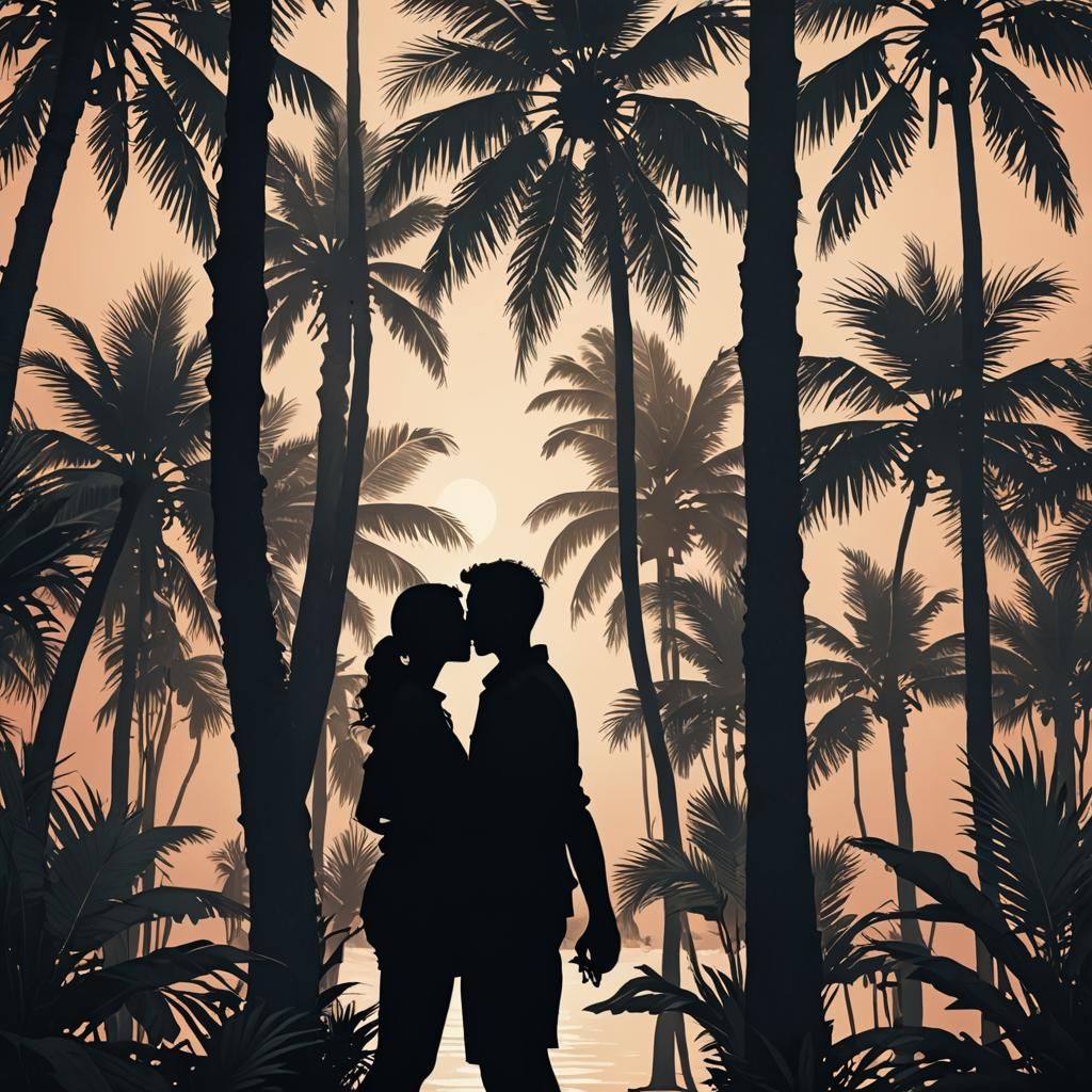 Tropical Lovers Embrace in Detailed 3D Silhouette