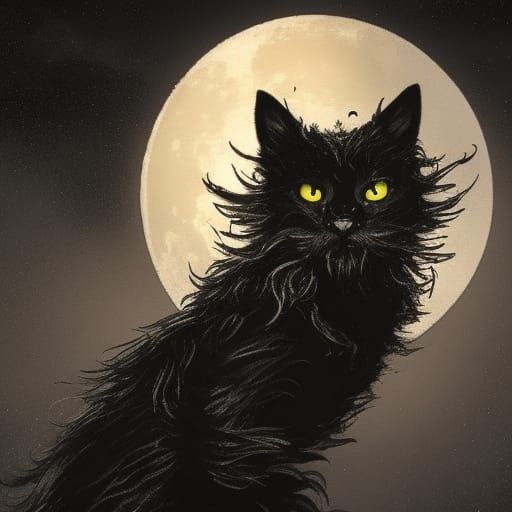 Sinister Black Cat Under Spooky Moon, Fantasy Art