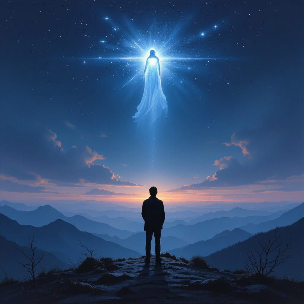 Man Gazes at Celestial Vision of Lost Love on Mountaintop