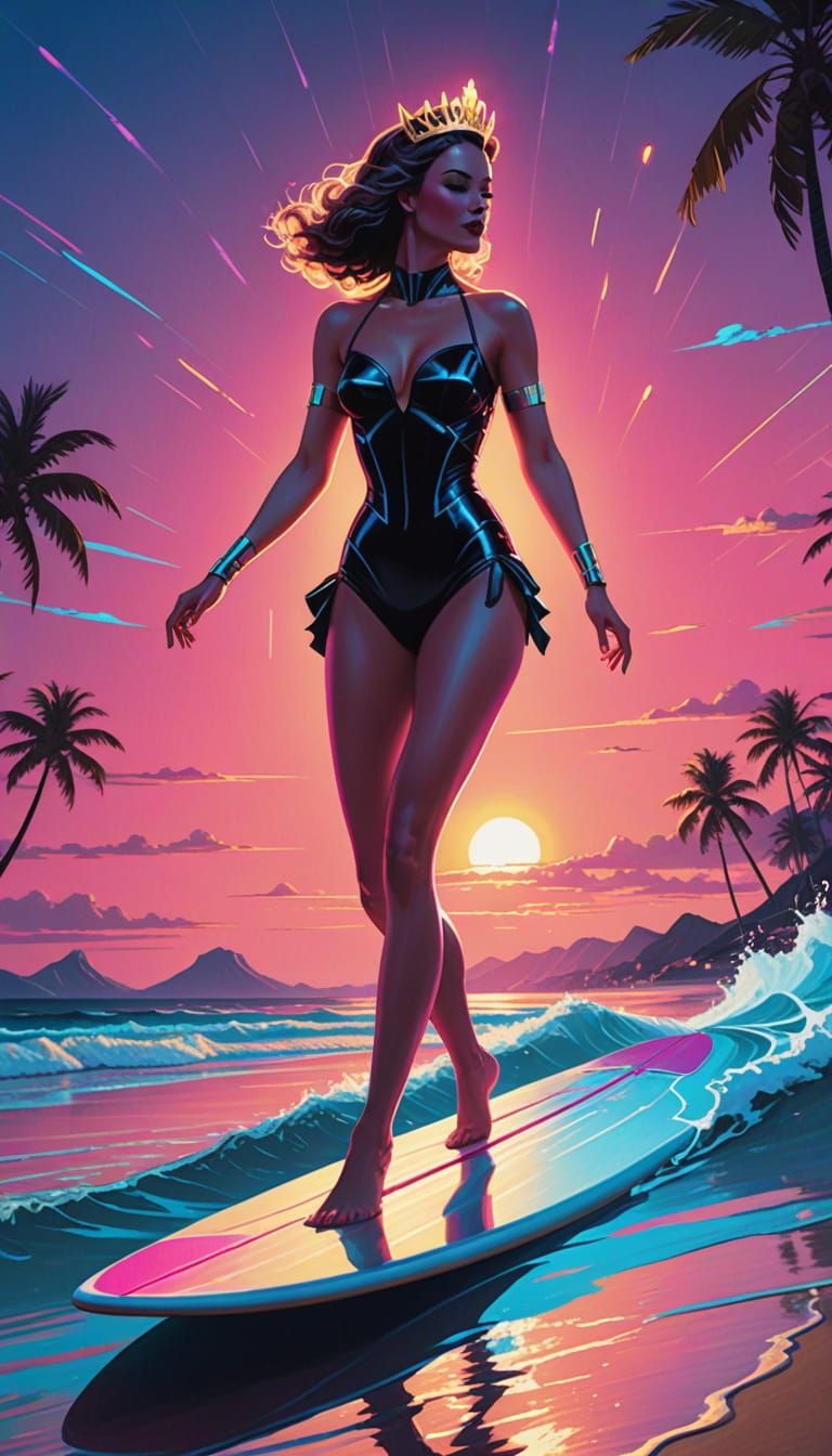 Neon Queen Rides Retro Surfboard Under Golden Hour