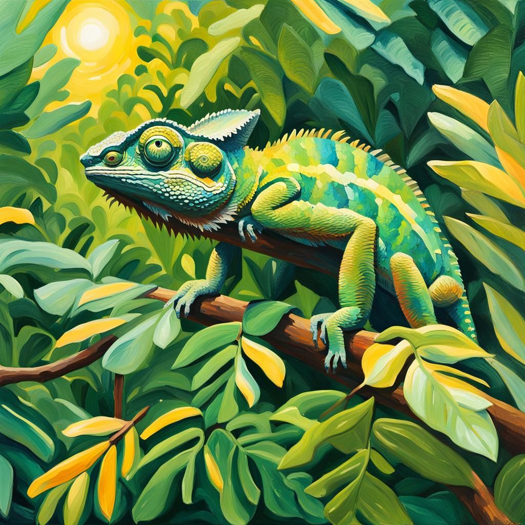 Green Chameleon Hiding in Rainforest, Impressionist Gouache