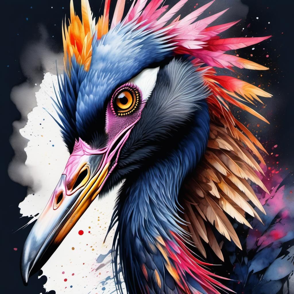 Fantasy Crane in Noir Digital Watercolor