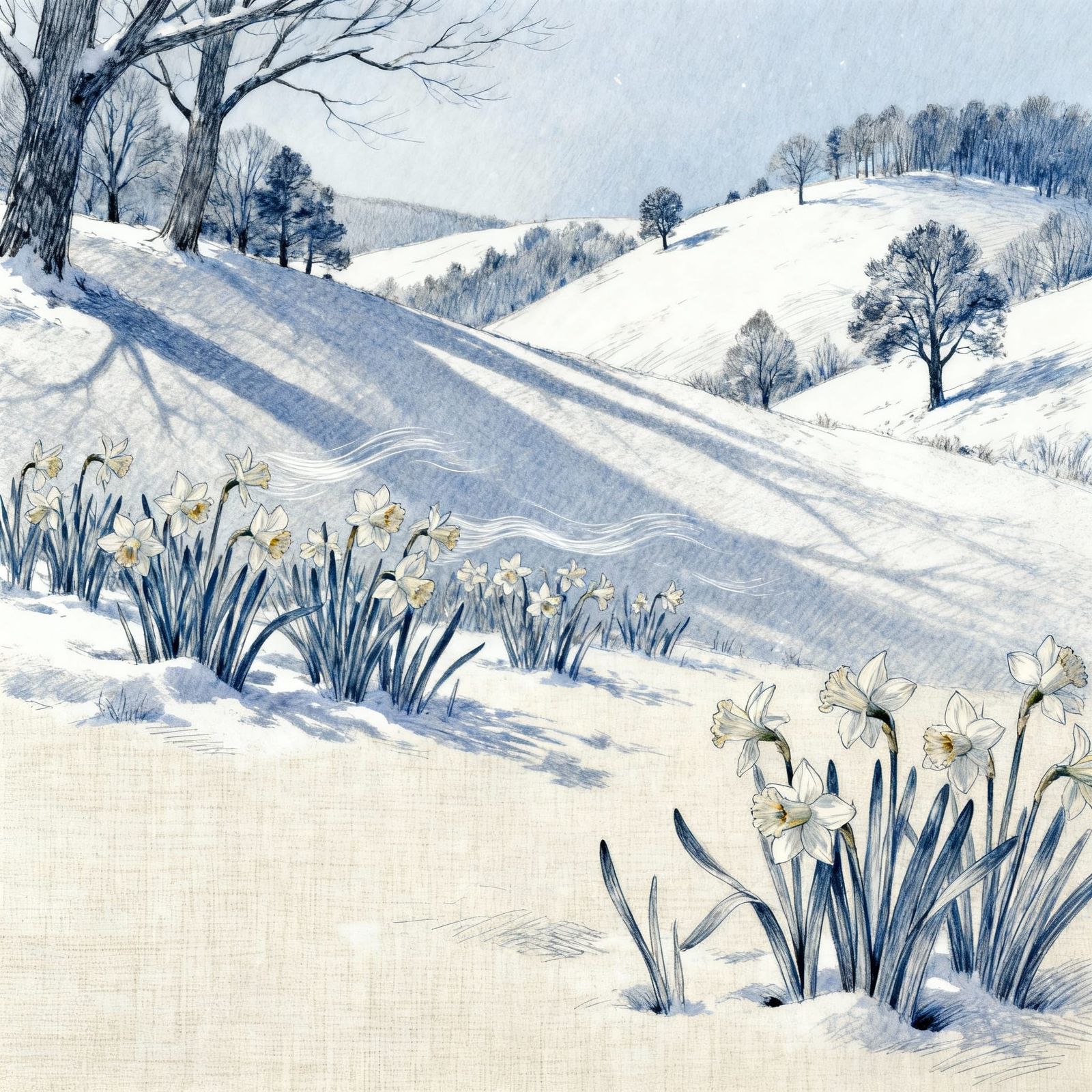 Winter Hills with Trees and Daffodils on Snowy Linen