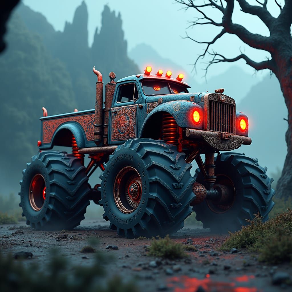 Menacing Gravedigger Monster Truck in Eerie Landscape