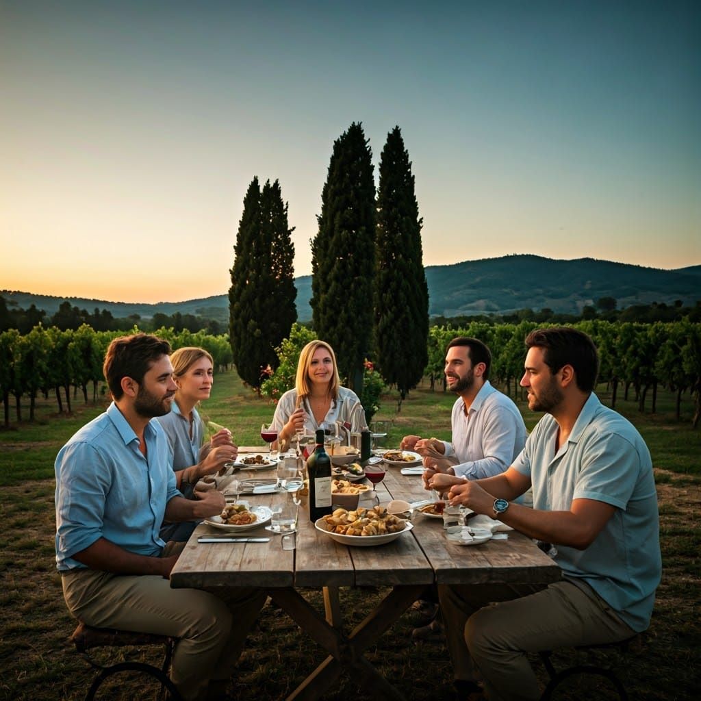 Warm Italian Evening with Friends in a Lush Vineyard Landsca...