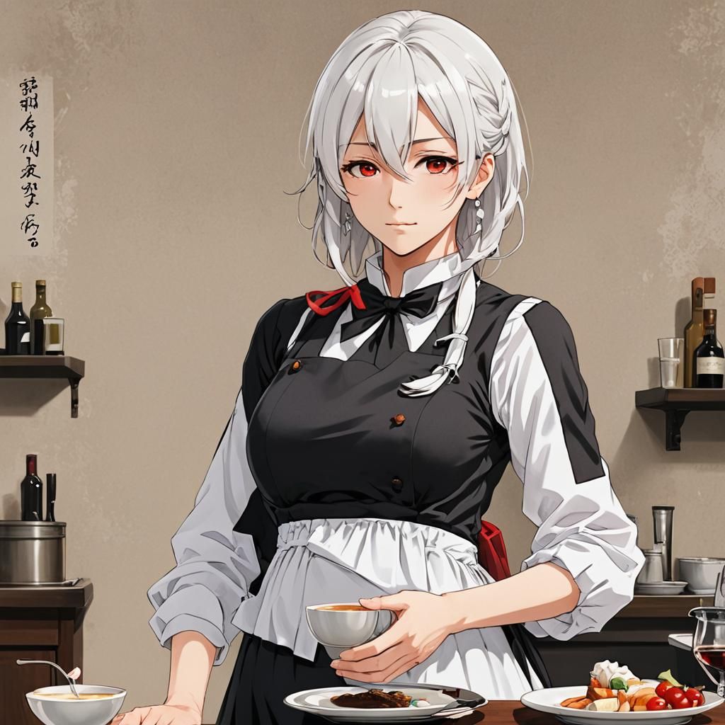 Anime Pregnant Waiter with White Hair