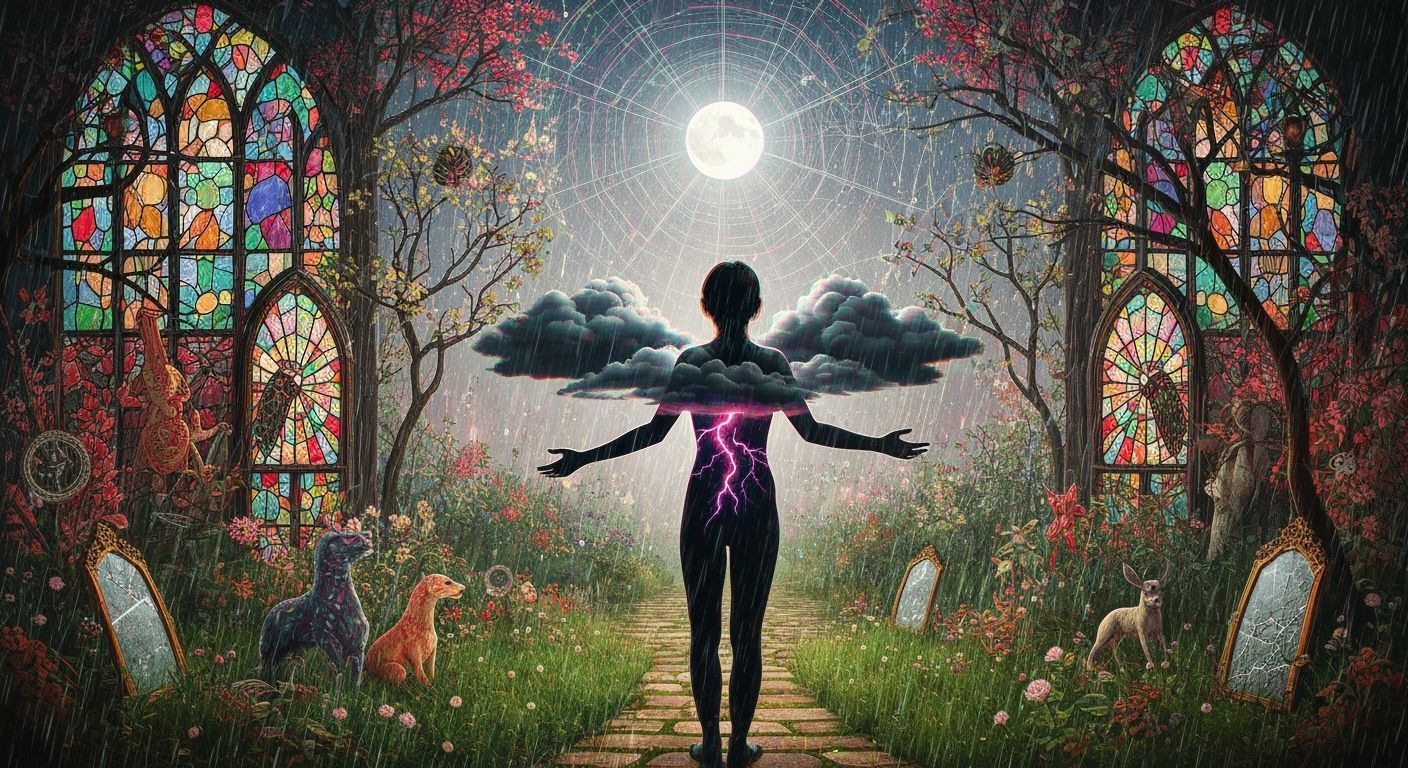 Lone Figure in Surreal Garden Under Glitch Art Moonlight