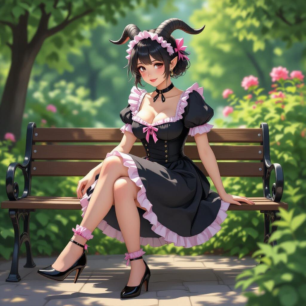 Goatfolk Maid Taking Off High Heels in Garden