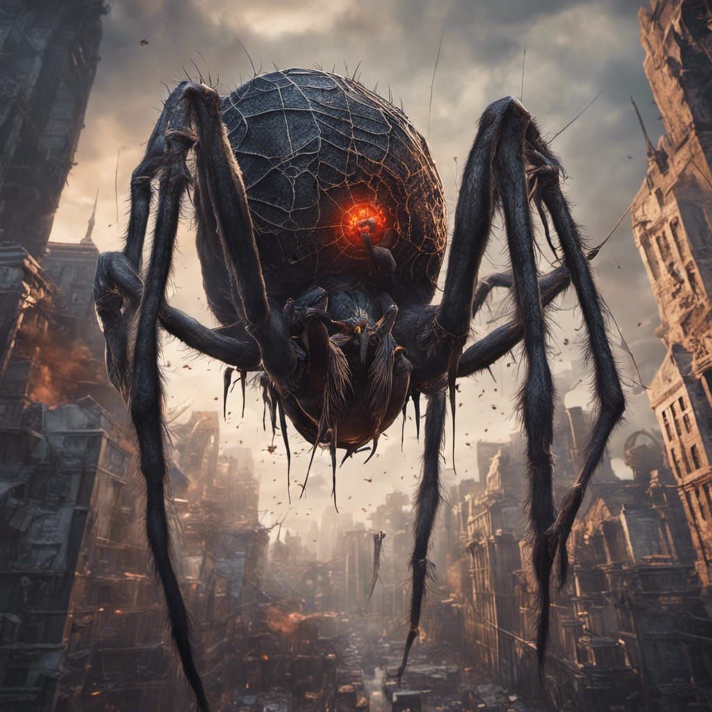 Giant Spider Havoc in City, Digital Matte Painting