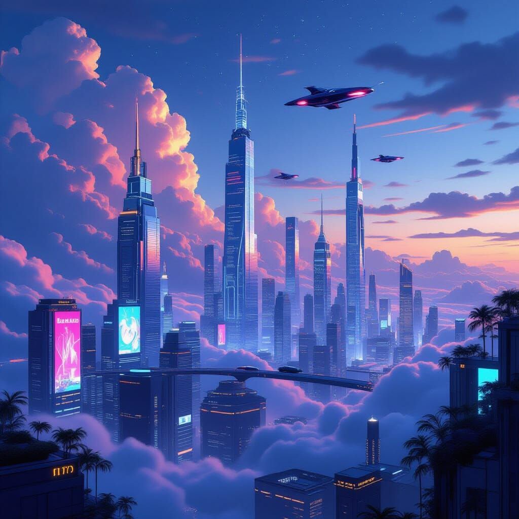 Neon Cityscape at Twilight: A Cyberpunk Art Deco Dream