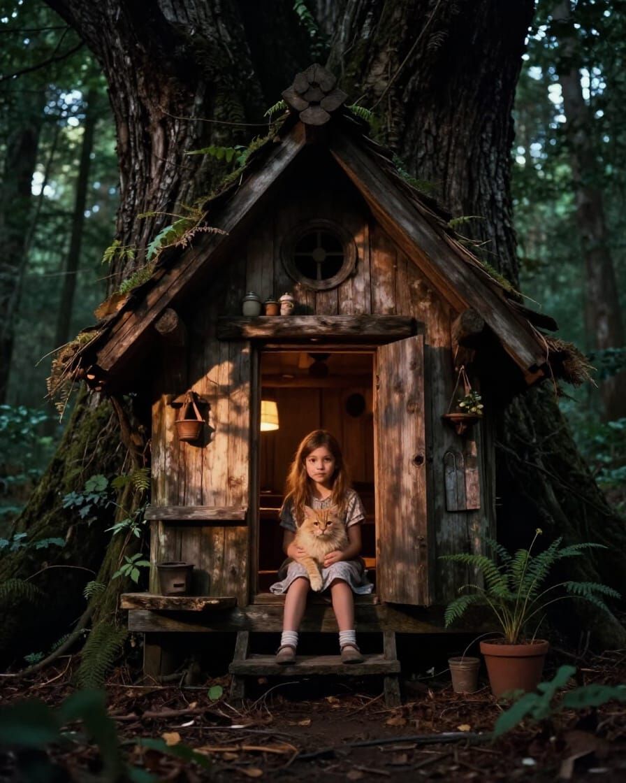 Tiny Girl and Ginger Cat in Secret Forest House