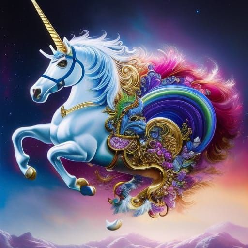 Ornate Iridescent Unicorn Music Box in Rococo Style