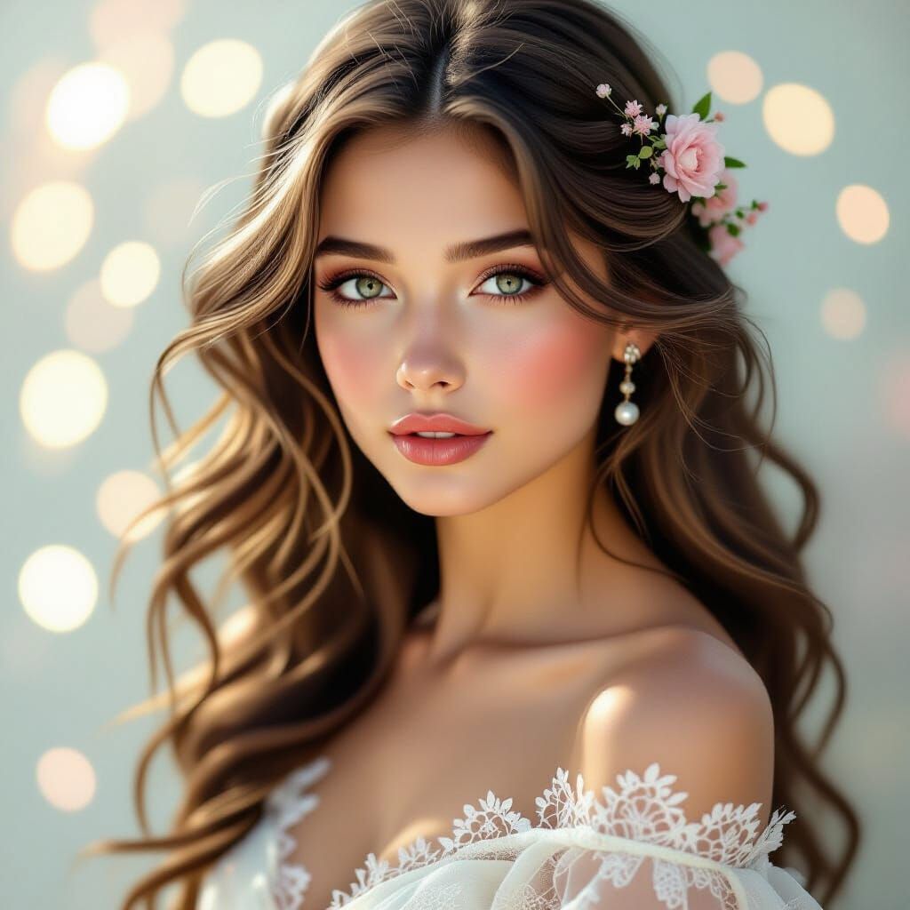 Ethereal Portrait of Woman with Flowers in Art Nouveau Style