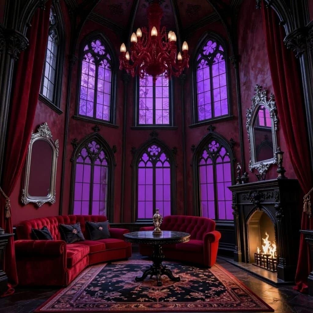 Burgundy red gothic penthouse with black gothic windows& elegant Gothic red curtains& Red Gothic furniture& Black Gothic...