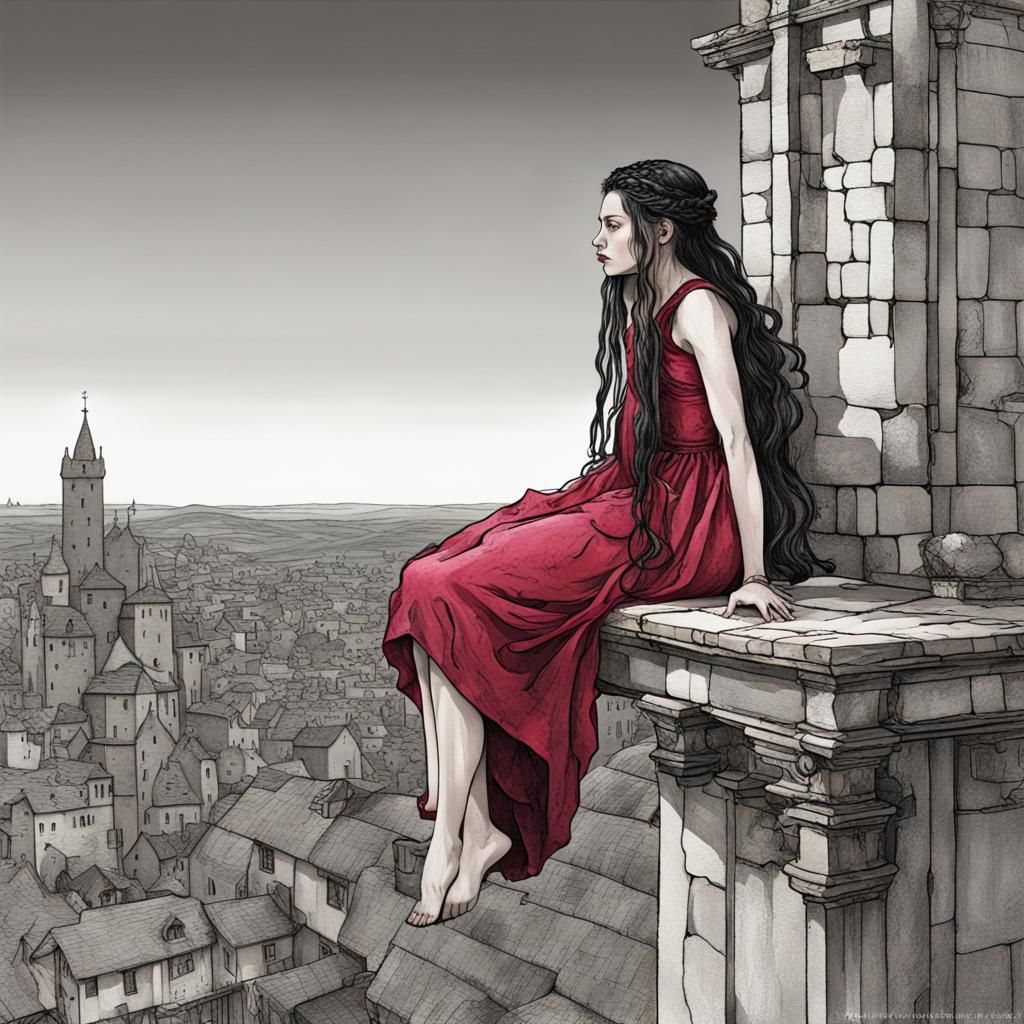 Young Woman on Castle Beam in Art Nouveau Style