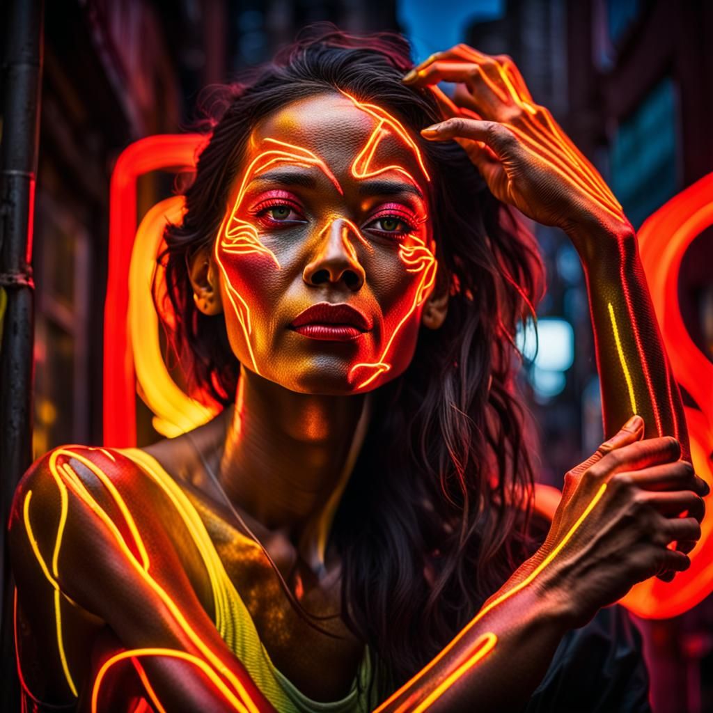 Street Artist Bathed in Neon Light