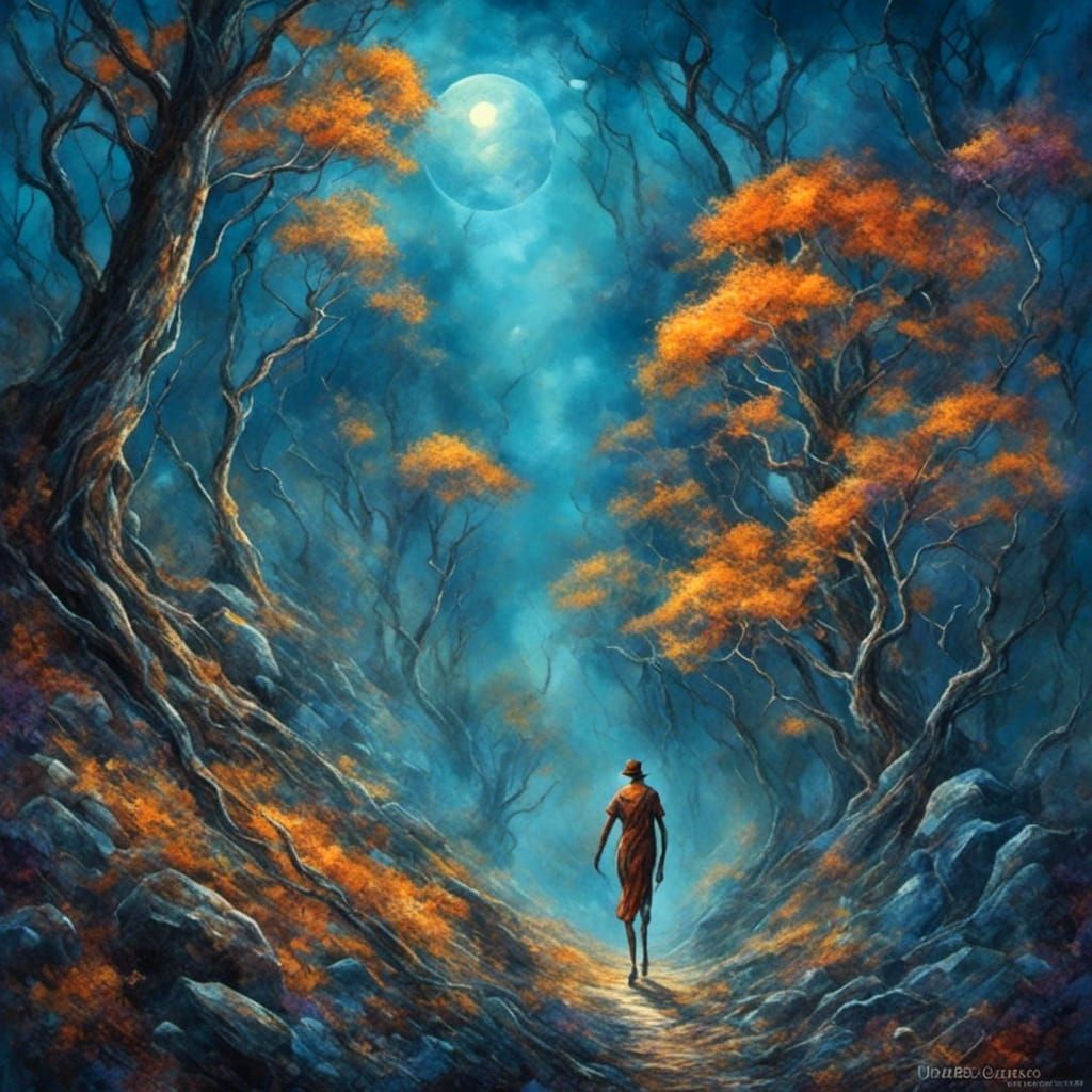 Ethereal Figure in Moonlit Forest: Surreal Digital Painting