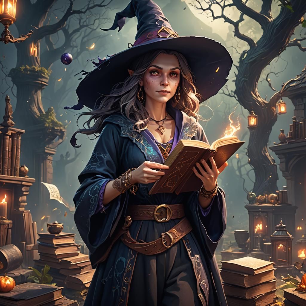 Witch with Magic Book: Detailed Matte Painting