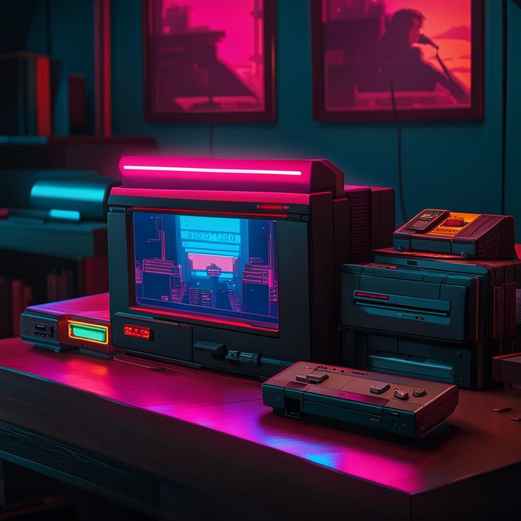 Cyberpunk Nintendo Entertainment System in Neon Style