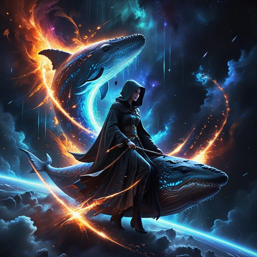 Space Whale Rider in Nebula with Neon Accents