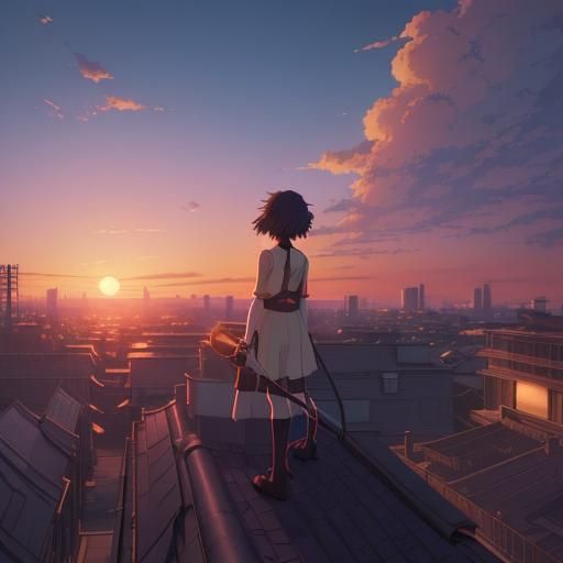Rooftop Sunset in Studio Ghibli Anime Style