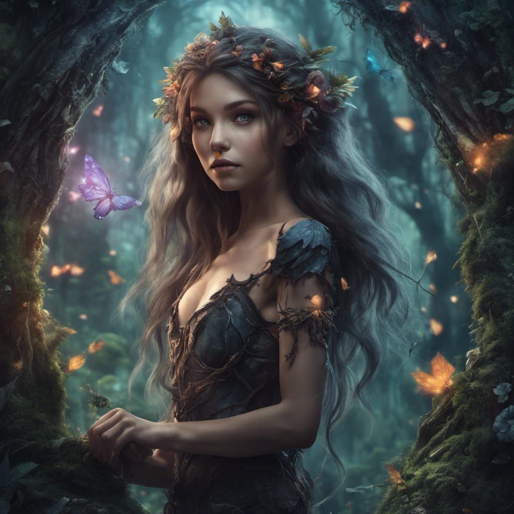Pixie Girl in Enchanted Forest, Dark Fantasy Art