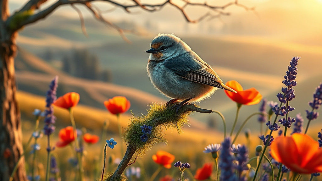 Fluffy Bird in Dreamlike Landscape, Hyper-Realistic Art