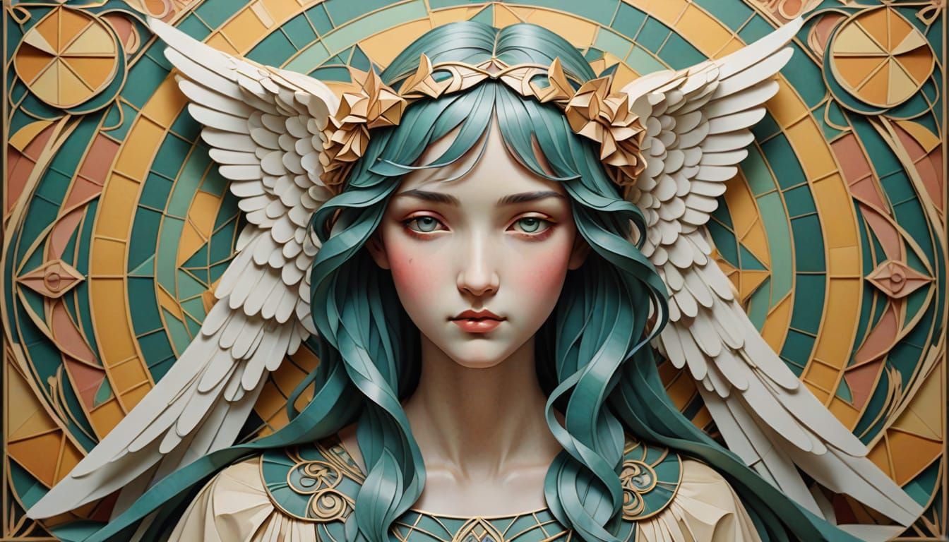 Surreal Art Nouveau Scene with Angel in Optical Illusion