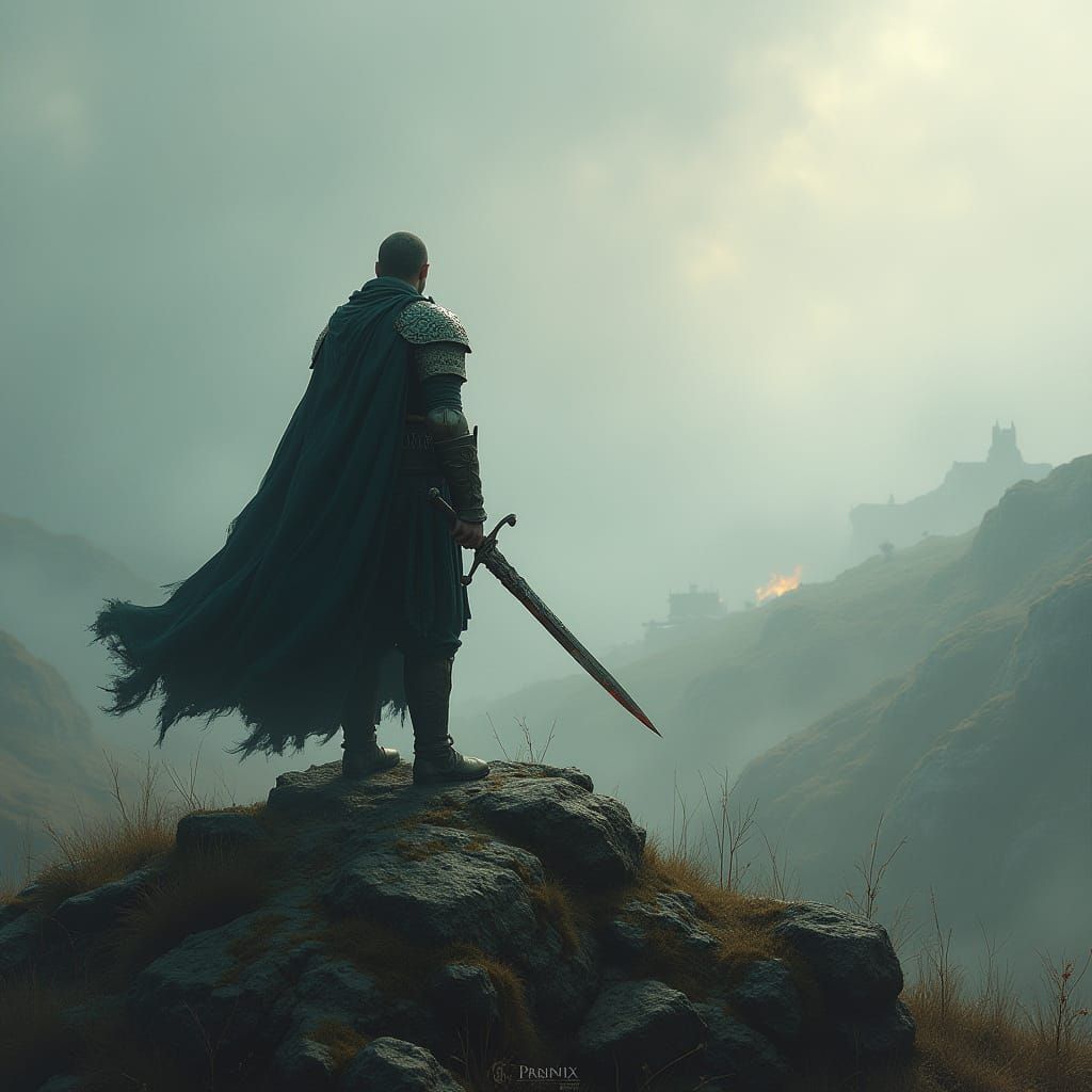 Celtic Warrior Guarding Misty Battlefield as Dark Fantasy Ar...