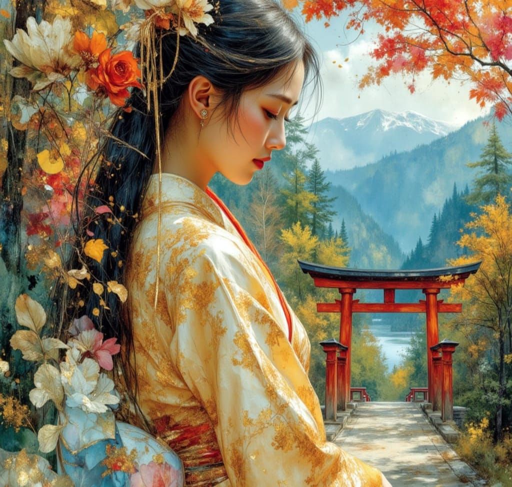 Japanese Lady at Torii Gate in Watercolor Painting