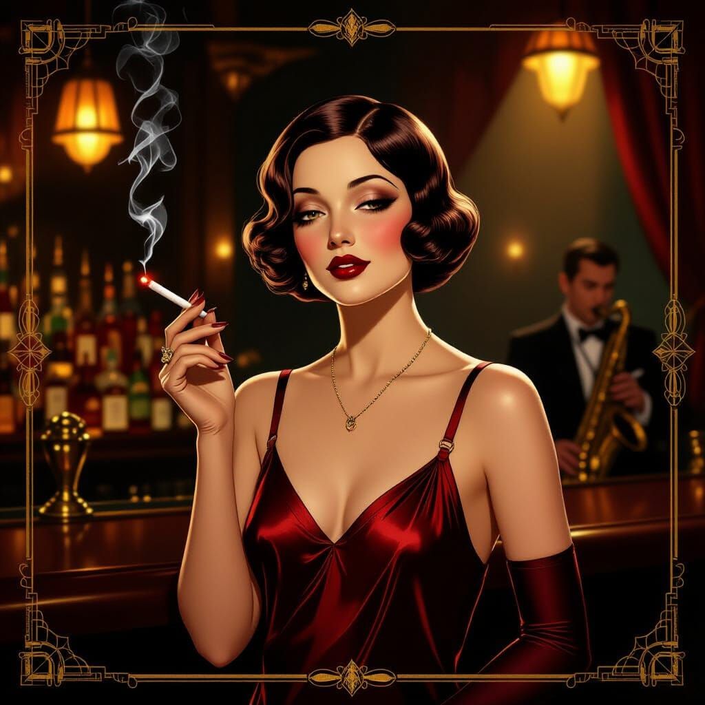 a sophisticated 1920s woman, her short bob haircut perfectly...