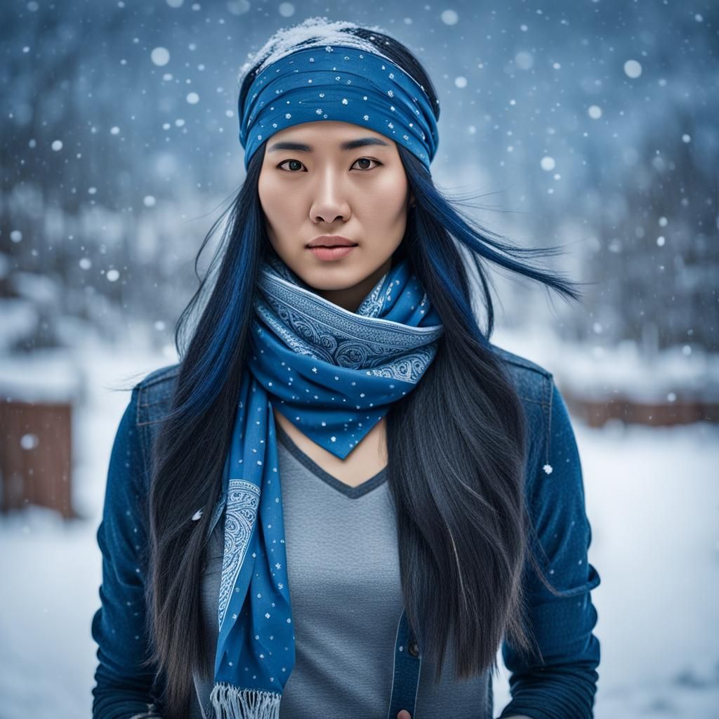 Beautiful Asian Woman with Blue Hair in Snow