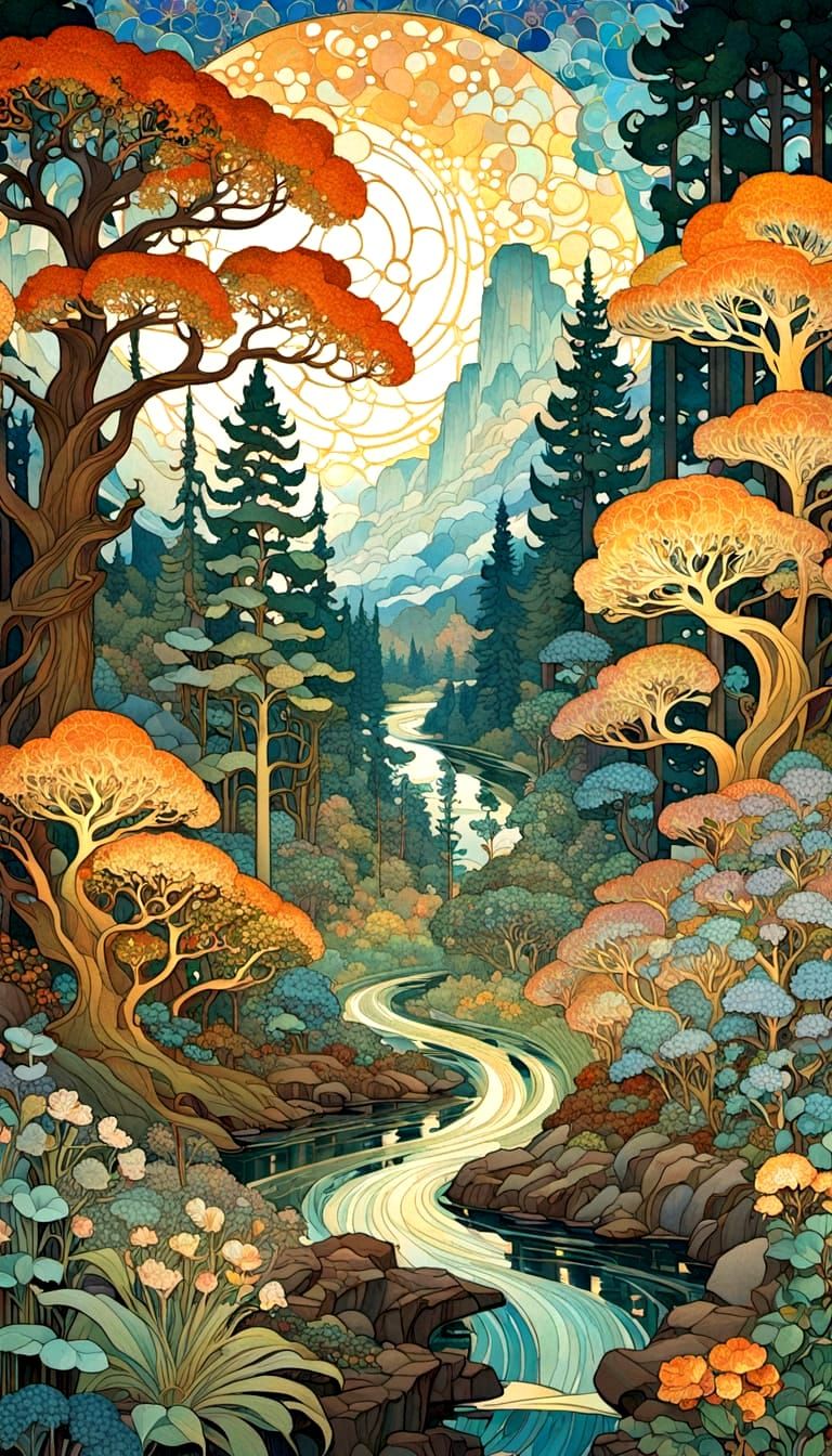 Art Nouveau Mythical Forest Illustration