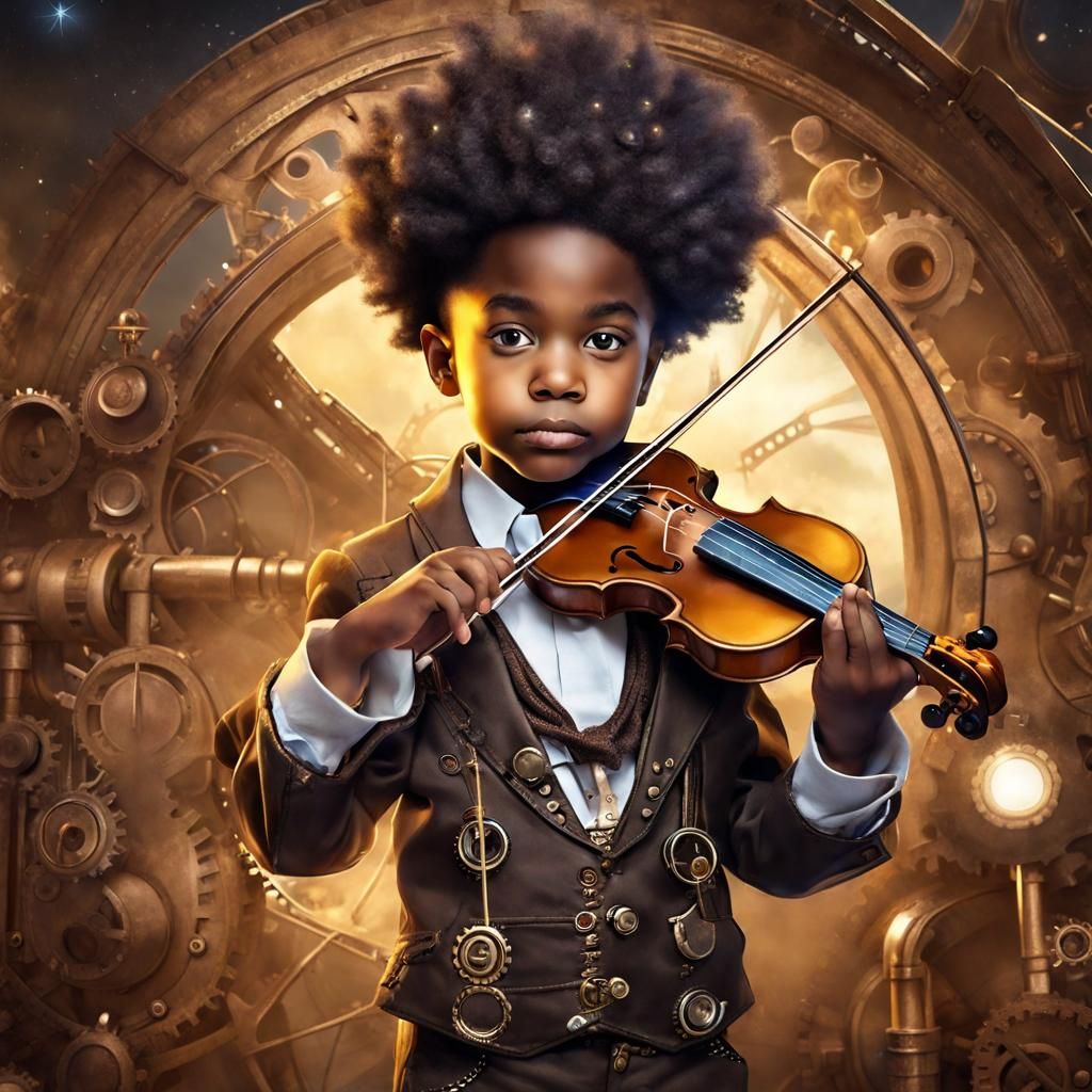 Steampunk Afro-American Boy Playing Violin